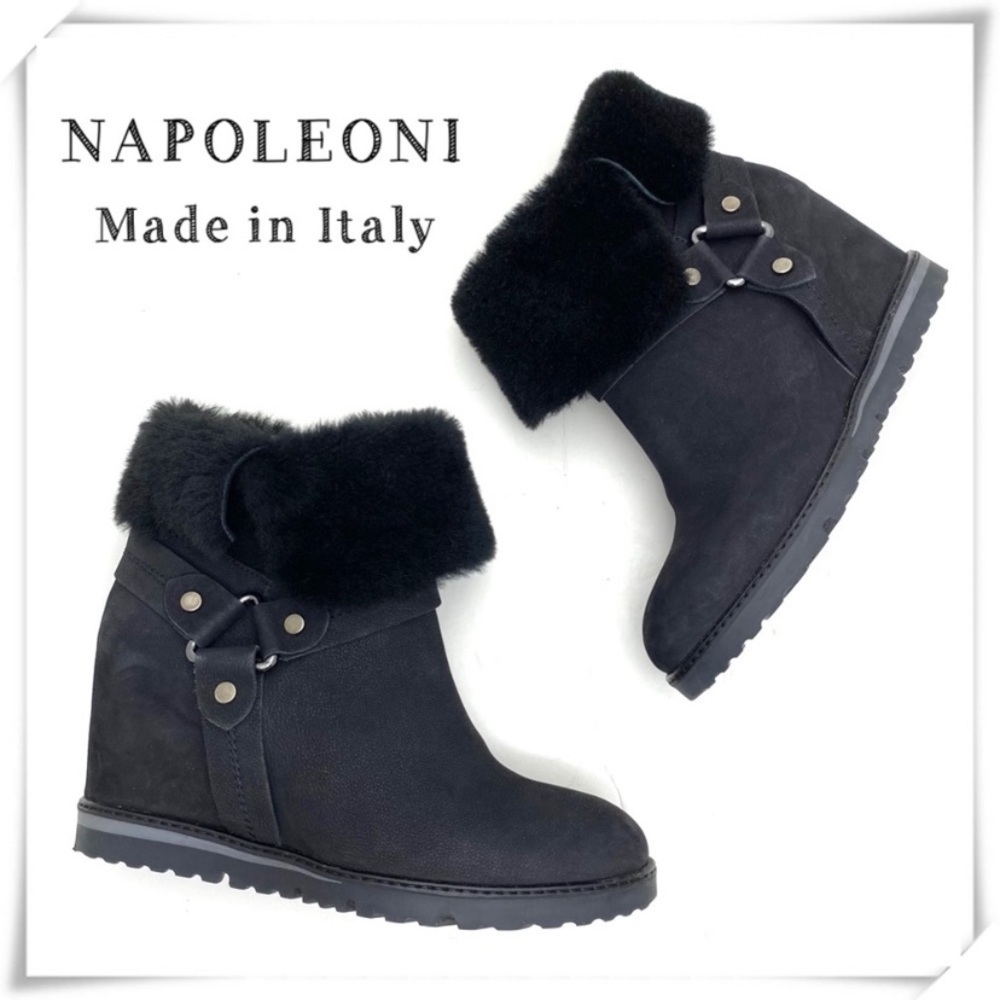 Napoleoni Made in Italy Shearling Cuff Fur Wedge Ankle Boot Black